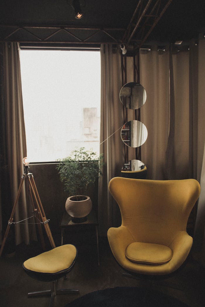 Warm and stylish room featuring yellow chair, plants, and mirrors.