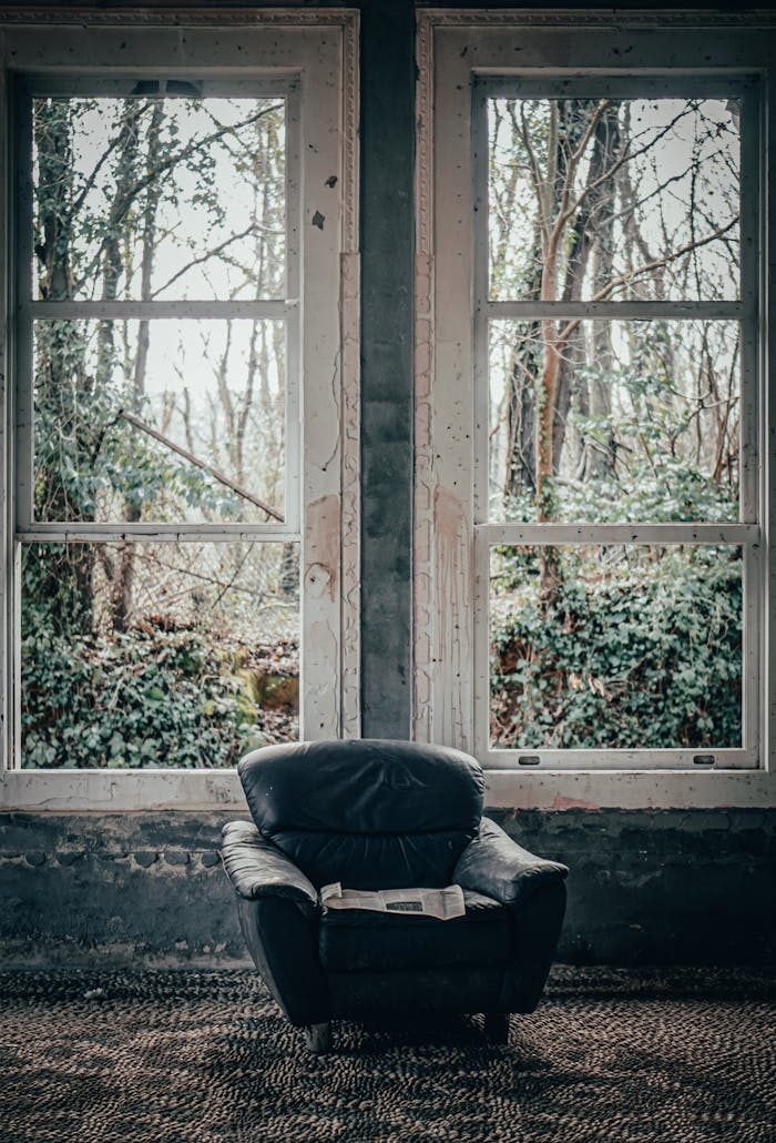 Moody image of an abandoned room with a leather chair and large windows showing an overgrown garden.